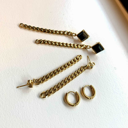 Cuban Chain Link Earring Set : Cuban Chain link Earring with Black Agate, Cuban Chain Link Earring, Cuban Steel Hoops - gold plate