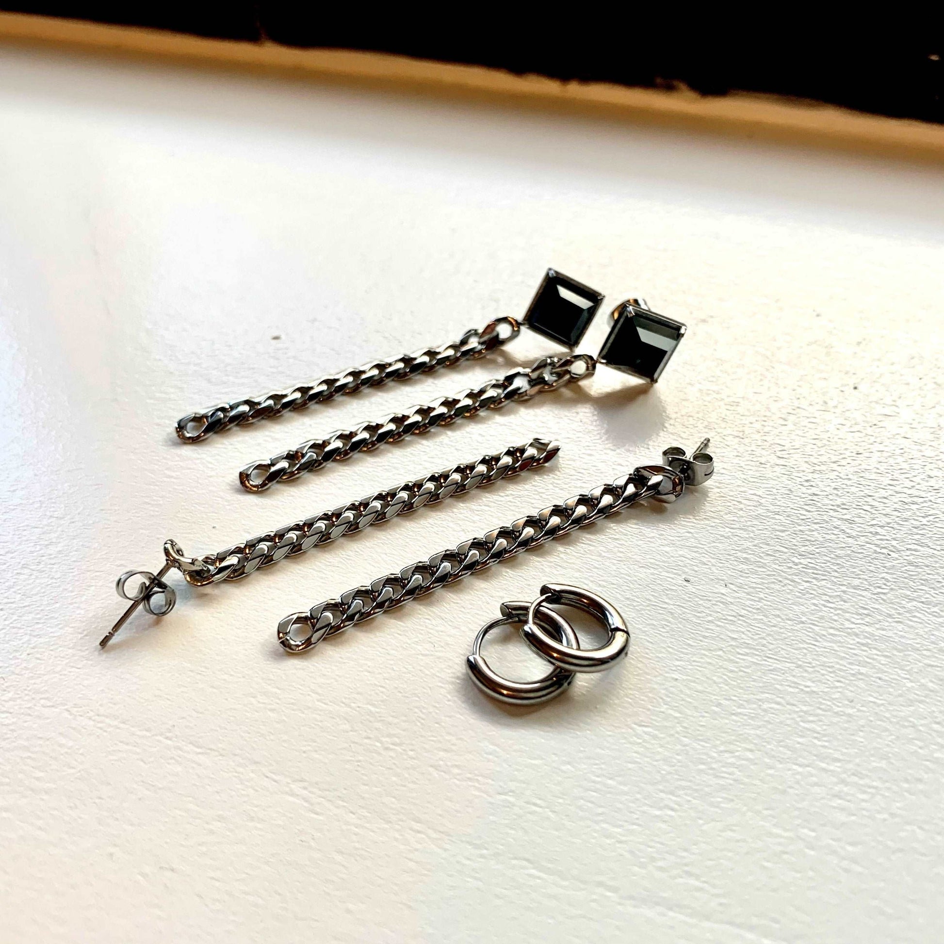 Cuban Chain Link Earring Set : Cuban Chain link Earring with Black Agate, Cuban Chain Link Earring, Cuban Steel Hoops - high polish