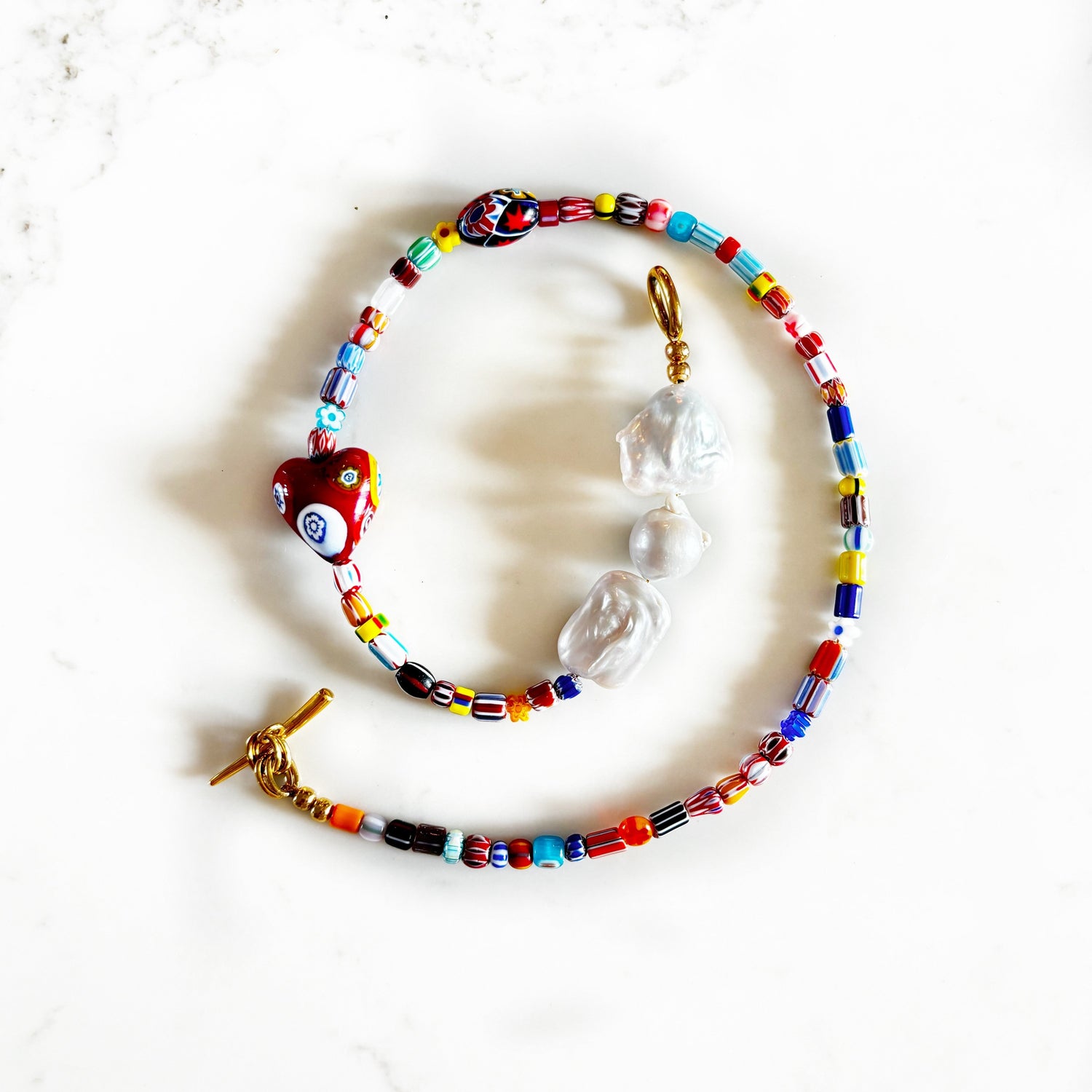 Giulia necklace with Vintage Millefiori Heart, Trade Beads and Baroque Freshwater Pearls