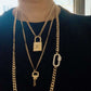 LV lock and key necklace set with Cuban Chain Link Long Necklace with Silver Carabiner 