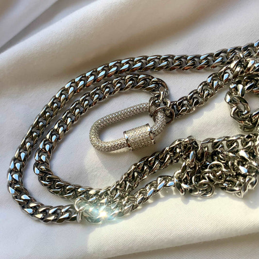 Cuban Carabiner Sterling Silver with Pavee Necklace in Rhodium and High Polish