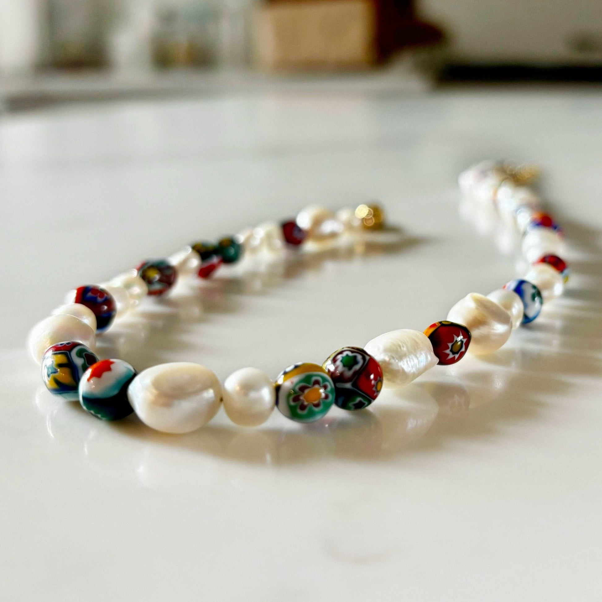 Ilaria Necklace - Made with AAA baroque freshwater pearls and vintage Murano Millefiori beads