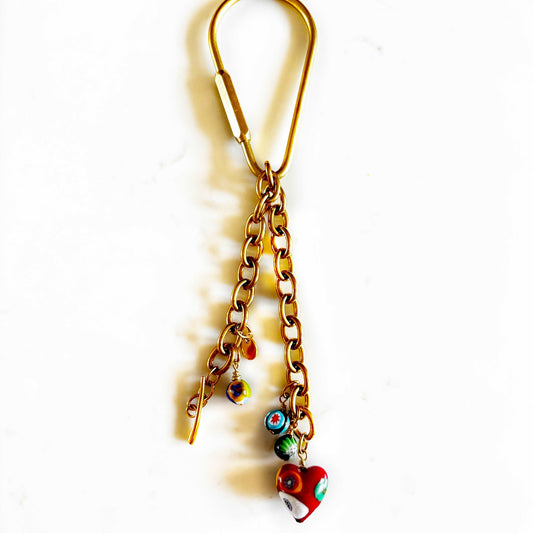 Sofia Bag and Key Accessory with removable bracelet of gold plated Steel Chains, Vintage Millefiori Heart and round beads