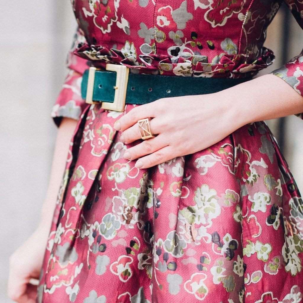 Blogger Veronica of Bittersweet Colours Ring wearing floral dress with Ring - Lattice Square Cocktail Ring