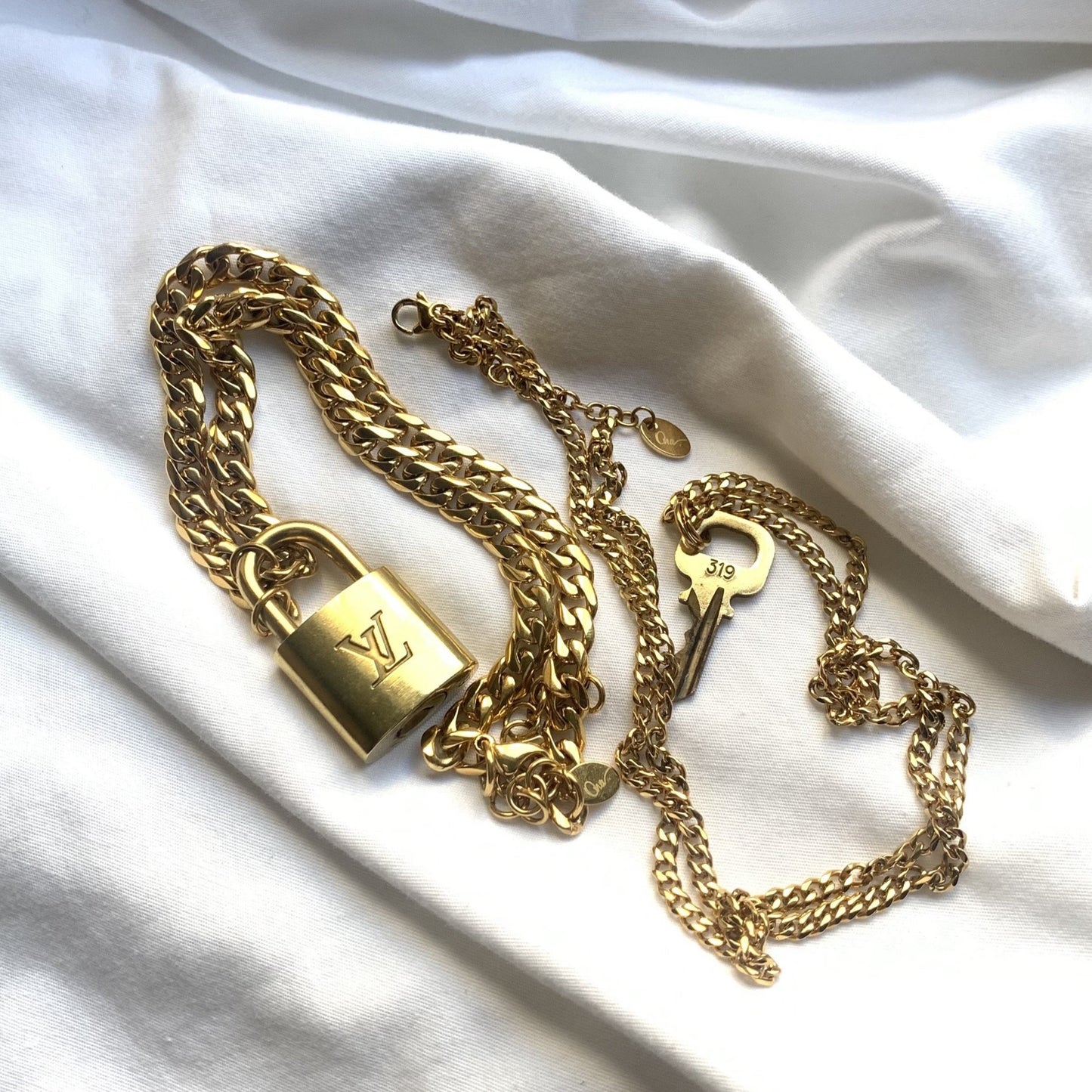 Louis Vuitton Set Lock Cuban Chain Necklace with Key Bracelet For Him